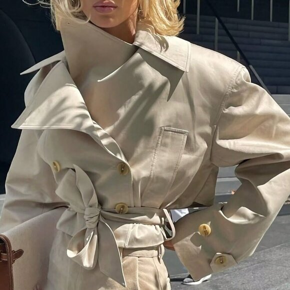 Khaki Casual Women's Cropped Trench Coat With Belt - Picture 3 of 6